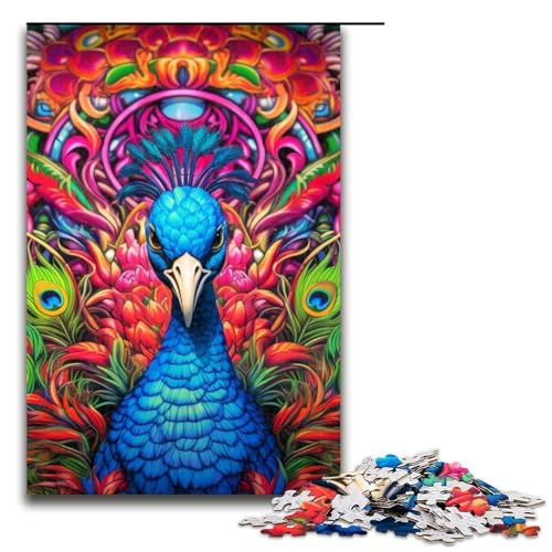 1000 teiliges Puzzle „Psychedelischer Pfau“ für Erwachsene Holzpuzzle anspruchsvolles Spiel 1000 Teile (75 x 50 cm) von ouynngjing