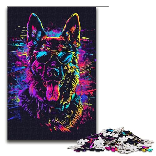 1000-teiliges Puzzle Deutscher Schäferhund DJ NeonJigsaw für Erwachsene und Kinder, Holzpuzzle, pädagogisches Spielzeug zum Stressabbau, Puzzle 1000 PCS von ouynngjing