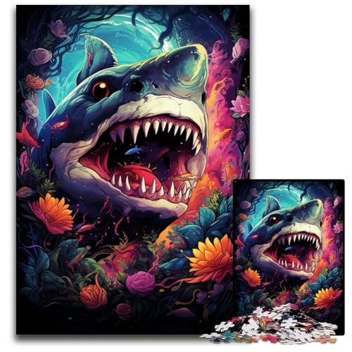 1000-teiliges Puzzle-Geschenk: Die farbenfrohe Psychedelia der Hai-Mythologie Holzpuzzle für Teenager und Familienspaß – DIY-Denkspiel als Geschenk 1000 Teile (75x50cm) von ouynngjing