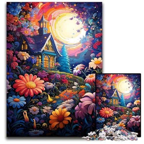 1000-teiliges Puzzle-Geschenk: Die farbenfrohe Psychedelia des Blumenhauses Holzpuzzle für Teenager und Familienspaß – DIY-Denkspiel als Geschenk 1000 Teile (75x50cm) von ouynngjing