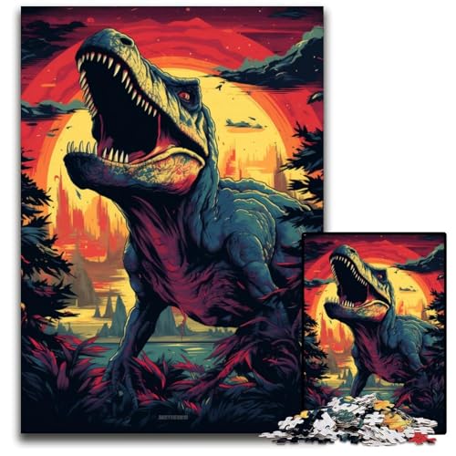 1000-teiliges Puzzle-Geschenk: Tyrannosaurus Rex und Sonnenuntergang am Ozean. Papierpuzzles für Teenager und Familienspaß – DIY-Denkspiel als Geschenk 1000 Teile (38x26cm) von ouynngjing