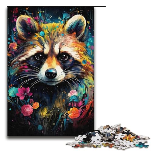 1000-teiliges Puzzle Lernspiele buntes psychedelisches Waschbär-Puzzle für Erwachsene Holzpuzzle für Familienspaß und Spieleabend 1000 Teile (38 x 26 cm) von ouynngjing
