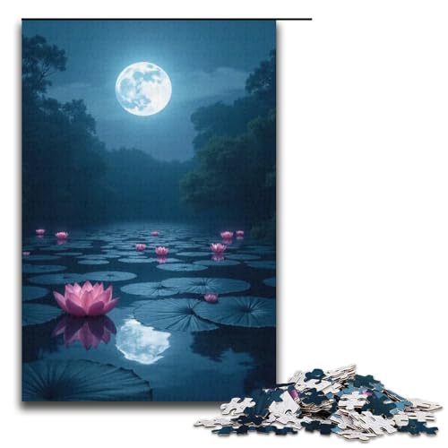 1000-teiliges Puzzle Mondlicht über dem Lotusteich Holzpuzzle für Erwachsene und Kinder pädagogisches Spielzeug zum Stressabbau Puzzle 1000 Teile (38 x 26 cm) von ouynngjing