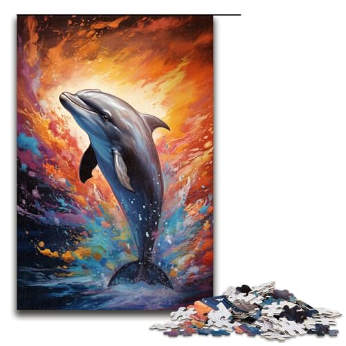 1000-teiliges Puzzle farbenfrohe psychedelische Delfine Puzzle für Erwachsene Holzpuzzle anspruchsvolles Spiel 1000 Teile (75 x 50 cm) von ouynngjing