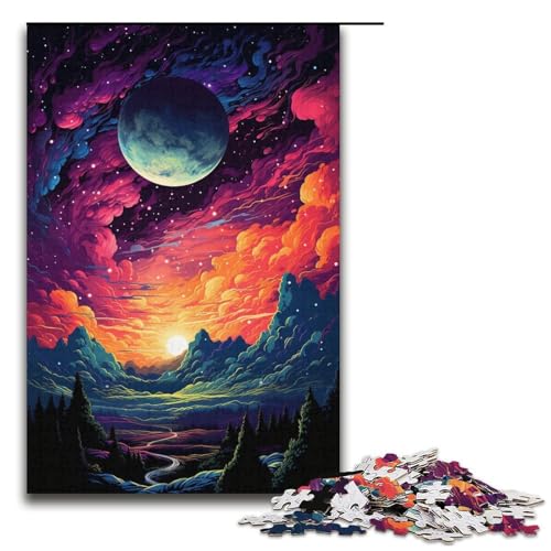 1000-teiliges Puzzle farbenfroher Psychedelischer Himmel für Erwachsene Holzpuzzle anspruchsvolles Spiel 1000 Teile (38 x 26 cm) von ouynngjing