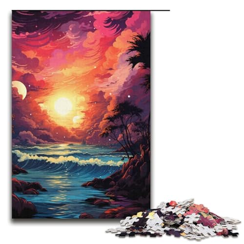 1000-teiliges Puzzle farbenfroher Psychedelischer Sonnenuntergangsstrand Puzzle für Erwachsene und Kinder Holzpuzzle pädagogisches Spielzeug zum Stressabbau Puzzle 1000 Teile (38 x 26 cm) von ouynngjing