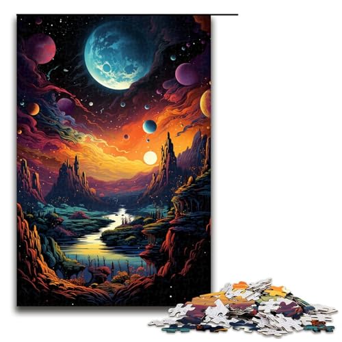 1000-teiliges Puzzle farbenfrohes psychedelisches Planeten-Puzzle für Erwachsene Holzpuzzle Familienspiele 1000 Teile (75 x 50 cm) von ouynngjing