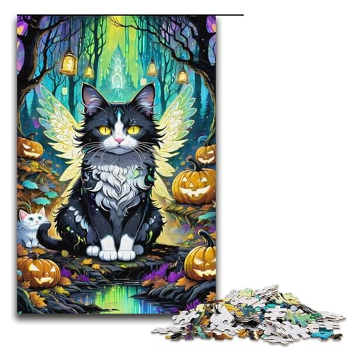 1000 teiliges Puzzle für Erwachsene Halloween Katze lustiges Familienpuzzle mit passendem Poster und Quizblatt 1000 Teile (38 x 26 cm) von ouynngjing