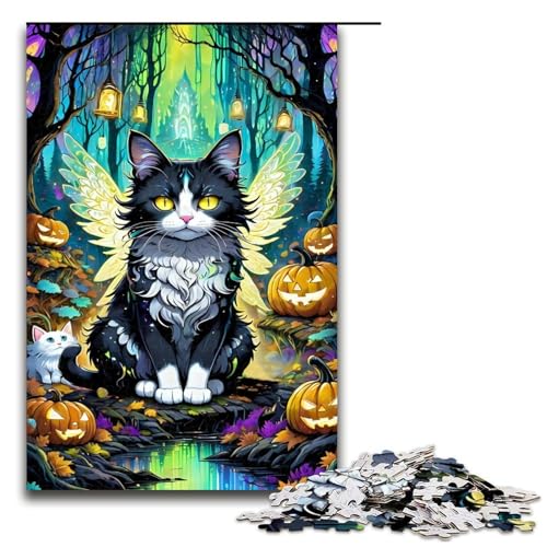 1000 teiliges Puzzle für Erwachsene Halloween Katze lustiges Familienpuzzle mit passendem Poster und Quizblatt 1000 Teile (75 x 50 cm) von ouynngjing