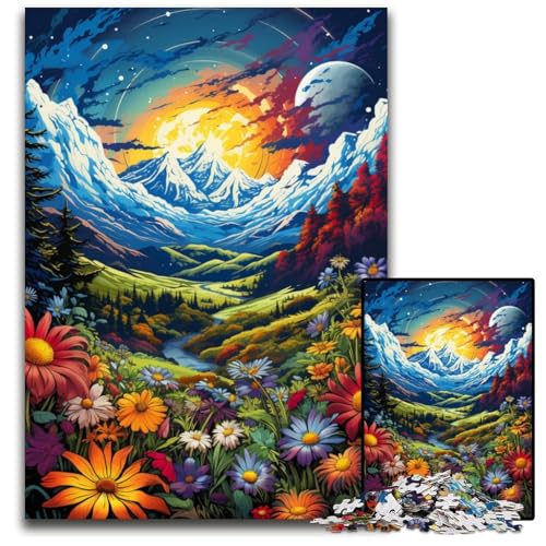 1000-teiliges Puzzle für Erwachsene Wildblumenfelder unter den Bergen schwierige Puzzles für Erwachsene Weihnachten Halloween Ostern Neujahr 1000 PCS (38 x 26 cm) von ouynngjing