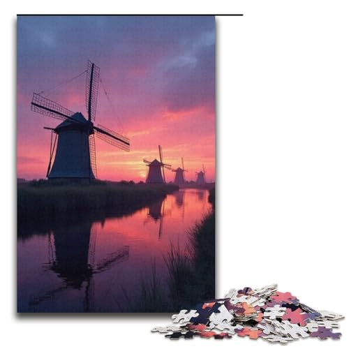 1000-teiliges Puzzle für Erwachsene Windmühlen drehen Sich langsam in der Dämmerung Puzzle für Lernspiele Herausforderung Spielzeug Kunstwerk Geschenk 1000 Teile (38 x 26 cm) von ouynngjing