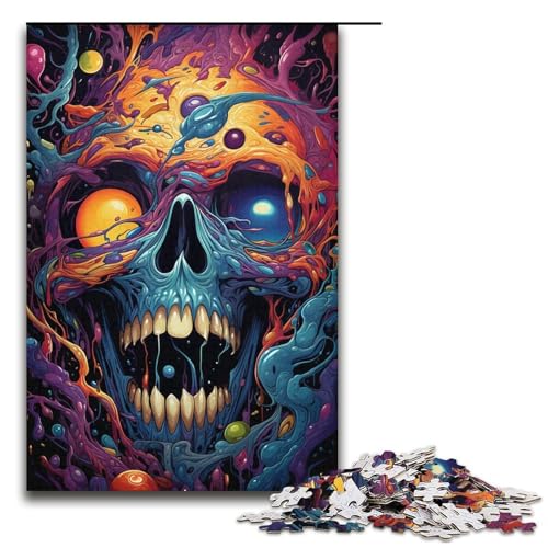 1000-teiliges Puzzle für Erwachsene bunter Psychedelischer Totenkopf Holzpuzzle für Erwachsene Lernspiel Herausforderungsspielzeug 1000 Teile (38 x 26 cm) von ouynngjing