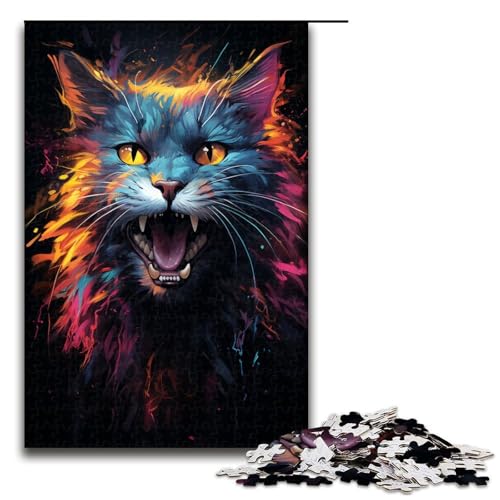 1000-teiliges Puzzle für Erwachsene farbenfrohe psychedelische Feuerkatze Holzpuzzle für Erwachsene und Kinder Stressabbau-Tool 1000 PCS (75 x 50 cm) von ouynngjing