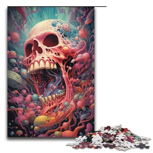 1000-teiliges Puzzle für Erwachsene farbenfrohe psychedelische Totenkopfkunst Holzpuzzle für Erwachsene und Kinder Stressabbau-Tool 1000 PCS (38 x 26 cm) von ouynngjing