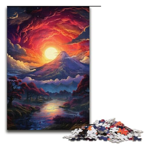 1000-teiliges Puzzle für Erwachsene farbenfroher Psychedelischer Sonnenuntergang am Berg Fuji Holzpuzzle für Erwachsene und Kinder Stressabbau-Tool 1000 Teile (38 x 26 cm) von ouynngjing