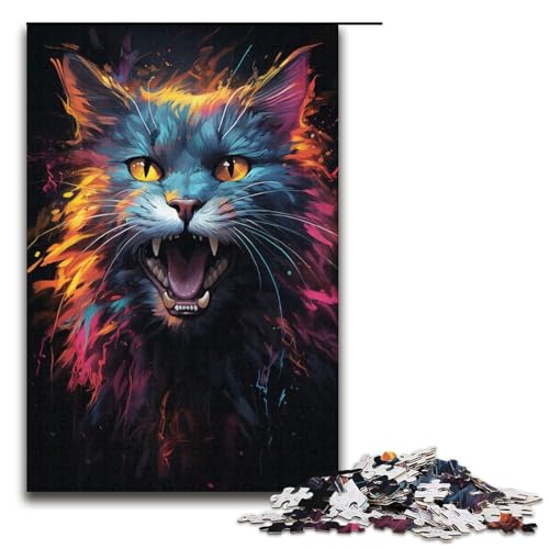 1000-teiliges Puzzle für Erwachsene farbenfrohes psychedelisches Feuerkatzen-Puzzle für Erwachsene Holzpuzzle anspruchsvolles Spiel 1000 Teile (38 x 26 cm) von ouynngjing