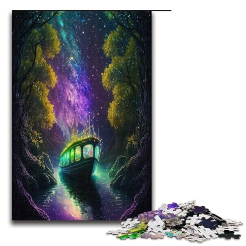 1000 teiliges Puzzle mit Nachthimmel und Flussboot für Erwachsene und Kinder Holzpuzzle pädagogisches Spielzeug zum Stressabbau Puzzle 1000 Teile (75 x 50 cm) von ouynngjing