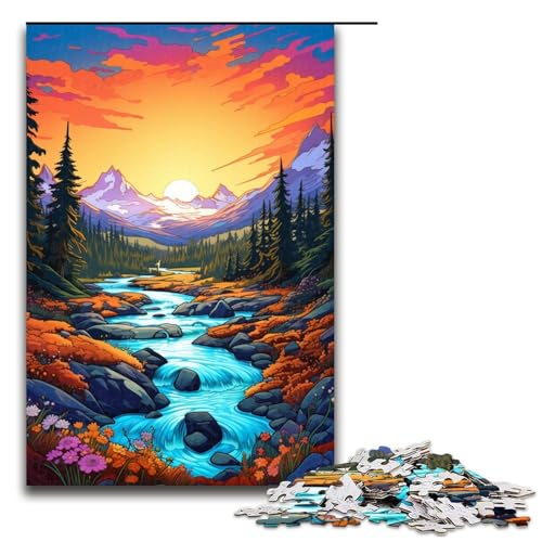 1000teiliges Puzzle „Berge und Wildblumen bei Sonnenuntergang Holzpuzzle für Erwachsene und Kinder pädagogisches Spielzeug zum Stressabbau Puzzle 1000 Teile (75 x 50 cm) von ouynngjing