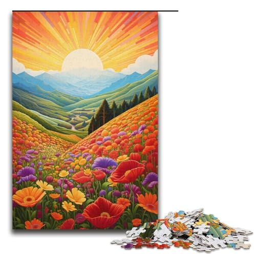 1000teiliges Puzzle „Berge und Wildblumen bei Sonnenuntergang Puzzle für Erwachsene Holzpuzzle Familienspiel 1000 Teile (38 x 26 cm) von ouynngjing