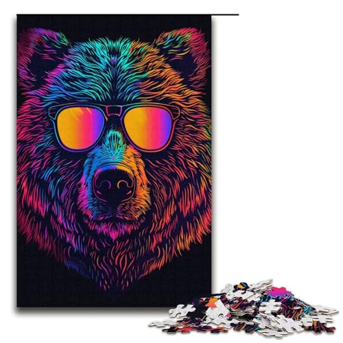1000teiliges Puzzle „Neonbär mit Sonnenbrille“ Holzpuzzle für Erwachsene und Kinder pädagogisches Spielzeug zum Stressabbau Puzzle 1000 Teile (38 x 26 cm) von ouynngjing