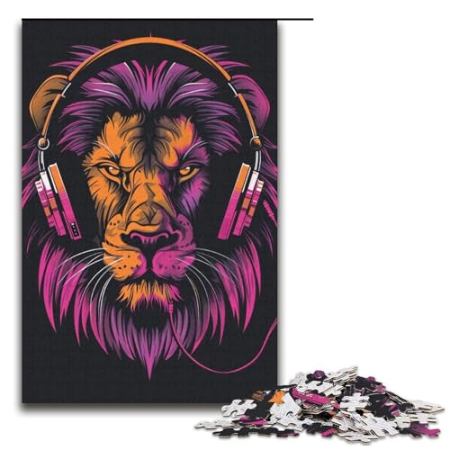 1000teiliges Puzzle Löwe mit Kopfhörern und Sonnenbrille Holzpuzzle Lernspiele Heimdekoration 1000 Teile (38 x 26 cm) von ouynngjing