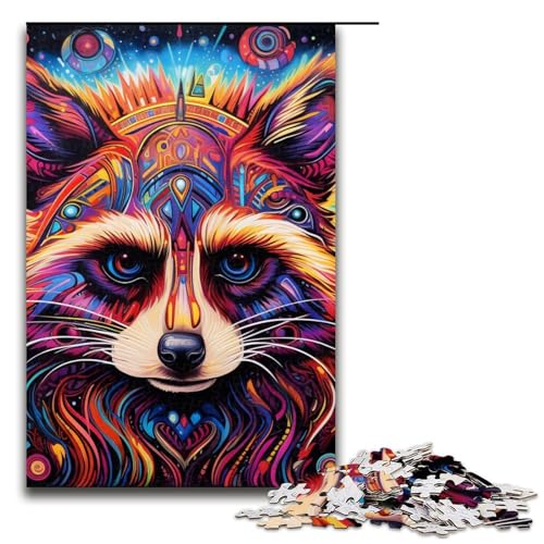 1000teiliges Puzzle farbenfroher Waschbär für Erwachsene und Kinder Holzpuzzle pädagogisches Spielzeug zum Stressabbau Puzzle 1000 Teile (75 x 50 cm) von ouynngjing