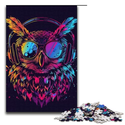 1000teiliges Puzzle für Erwachsene Eule mit Sonnenbrille Puzzle für Erwachsene Holzpuzzle anspruchsvolles Spiel 1000 Teile (38 x 26 cm) von ouynngjing