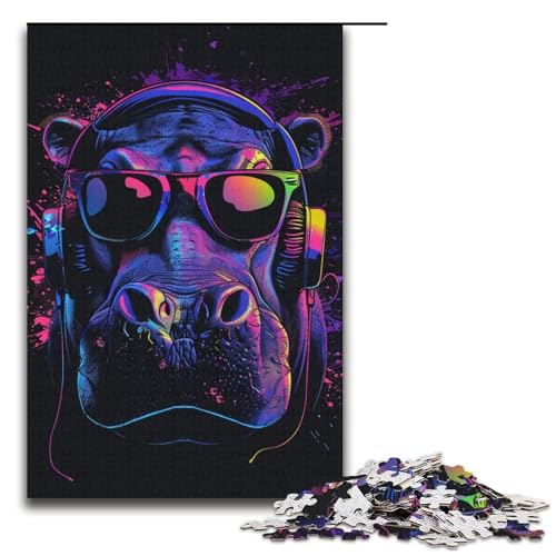 1000teiliges Puzzle für Erwachsene Nilpferd mit Kopfhörern Puzzle praktisches Spiel 1000 Teile (38 x 26 cm) von ouynngjing