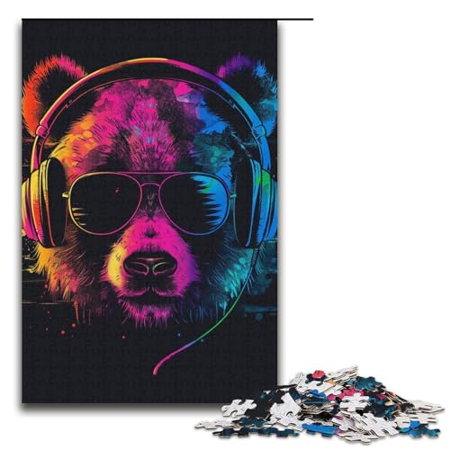1000teiliges Puzzle für Erwachsene Panda mit Kopfhörern Puzzle für Erwachsene Holzpuzzle anspruchsvolles Spiel 1000 Teile (38 x 26 cm) von ouynngjing