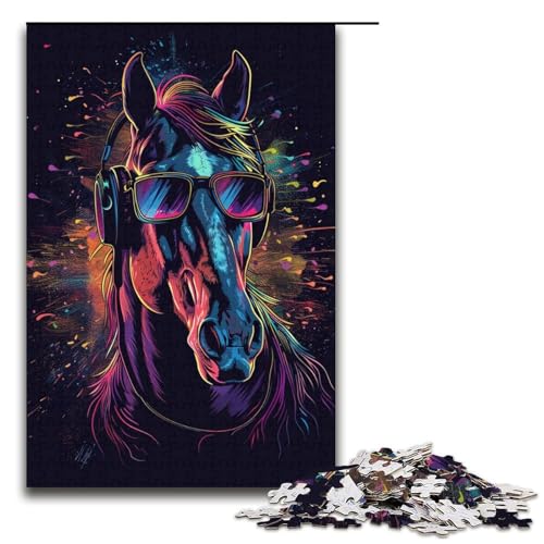 1000teiliges Puzzle für Erwachsene Pferd mit Sonnenbrille NeonPuzzle praktisches Spiel 1000 Teile (38 x 26 cm) von ouynngjing