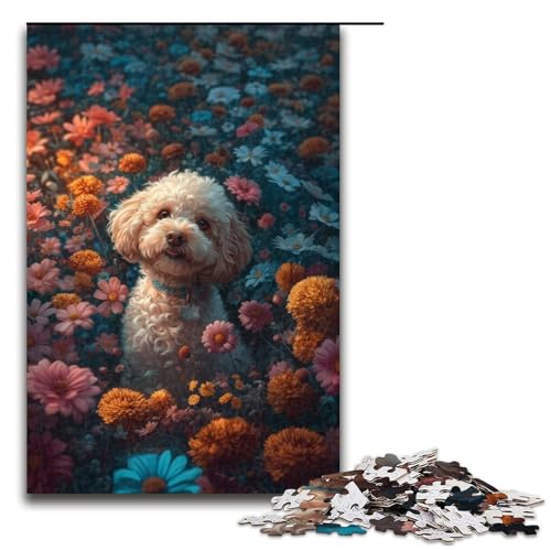 1000teiliges Puzzle für Erwachsene Pudel in den Blumen Holzpuzzle für Erwachsene und Kinder StressabbauTool 1000 PCS (75 x 50 cm) von ouynngjing