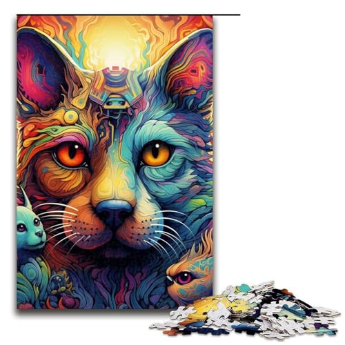 1000teiliges Puzzle psychedelische Kunst KatzenPuzzle für Erwachsene und Kinder Holzpuzzle pädagogisches Spielzeug zum Stressabbau Puzzle 1000 Teile (75 x 50 cm) von ouynngjing
