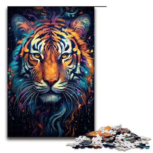 1000teiliges Puzzle wütender bunter Tiger für Erwachsene und Kinder Holzpuzzle pädagogisches Spielzeug zum Stressabbau Puzzle 1000 Teile (75 x 50 cm) von ouynngjing