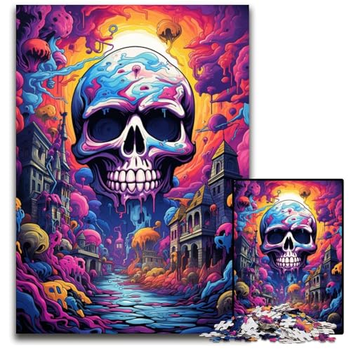 1000teiliges PuzzleGeschenk Fantasie bunter Totenkopf Holzpuzzle für Erwachsene Familienaktivität Denksportaufgabe Heimdekoration 1000 PCS (38 x 26 cm) von ouynngjing