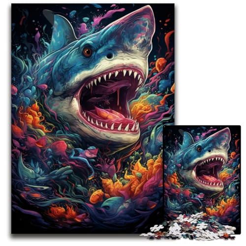 Die farbenfrohe Psychedelia der mutierten Haie Puzzle für Erwachsene 1000 Teile Unmögliches Puzzle für Erwachsene Herausforderndes DIY-Denkspiel für Teenager 1000 Teile (38x26cm) von ouynngjing