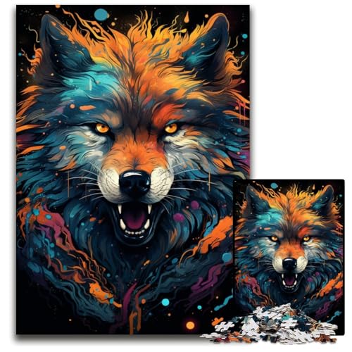 FantasiePuzzle mit Buntem Wolf und Blume 1000 Teile für Erwachsene Holzpuzzle Weihnachten Halloween Ostern Neujahr 1000 Teile (38 x 26 cm) von ouynngjing