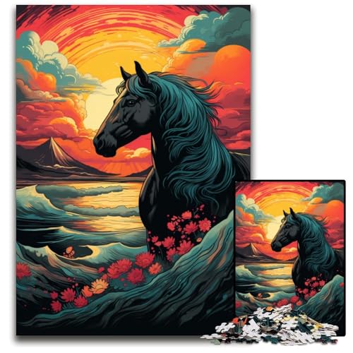 Pferd und Sonnenuntergang Ozean 1000teiliges Puzzle für Erwachsene Holzpuzzle Weihnachten Halloween Ostern Neujahr 1000 PCS (75 x 50 cm) von ouynngjing