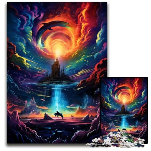 Psychedelischer Farbdelfin 1000-teiliges Puzzle für Erwachsene Holzpuzzle für Erwachsene anspruchsvolles Denkspiel entspannendes Spielzeug für Teenager 1000 Teile (75x50cm) von ouynngjing