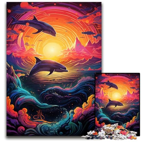 Psychedelisches Farbdelfin-Puzzle 1000 Teile für Erwachsene Holzpuzzle anspruchsvolles Denkspiel für Teenager unterhaltsames interaktives Spiel für die ganze Familie 1000 Teile (75x50cm) von ouynngjing