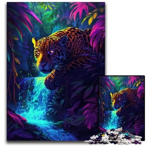 Puzzle 1000 Teile für Erwachsene Leopard auf dem Wasserfall Holzpuzzle für Erwachsene anspruchsvolles Denkspiel entspannendes Spielzeug für Teenager 1000 Teile (38 x 26 cm) von ouynngjing
