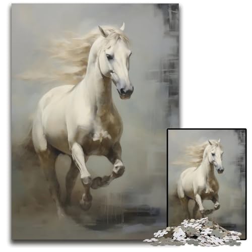 Puzzle 1000 Teile für Erwachsene weißes rennendes Pferd Holzpuzzle für Erwachsene anspruchsvolles Denkspiel entspannendes Spielzeug für Teenager 1000 Teile (75 x 50 cm) von ouynngjing