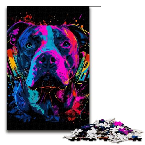 Puzzle Pitbull mit Kopfhörern 1000 Teile Holzpuzzle für Erwachsene und Kinder ab 12 Jahren FamilienspaßPuzzle 1000 Teile (75 x 50 cm) von ouynngjing