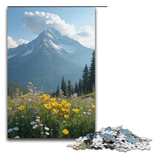 Puzzle Wildblumen blühen hartnäckig am Fuße der schneebedeckten Berge 1000-teiliges Puzzle aus Holz für Erwachsene und Kinder ab 12 Jahren Familienspaß-Puzzle 1000 Teile (38 x 26 cm) von ouynngjing