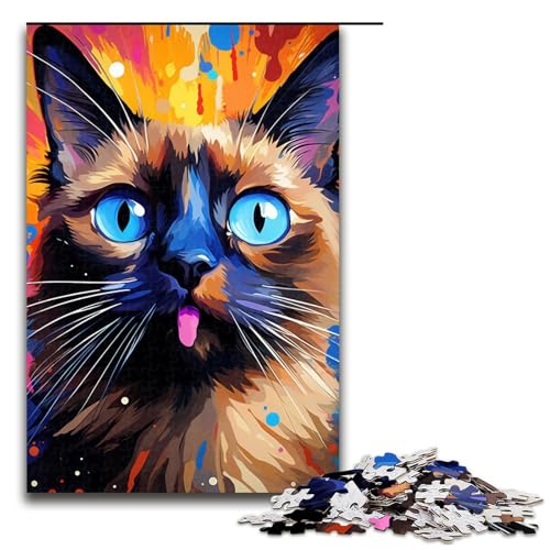 Puzzle für Erwachsene 1000 Teile Bunte psychedelische Siamkatzenfamilie Holzpuzzle Lernspiel Herausforderungsspielzeug 1000 Teile (75 x 50 cm) von ouynngjing