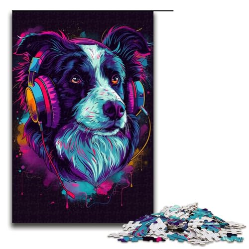Puzzle für Erwachsene 1000 Teile DJ Neon Border Collie Familie Holzpuzzle Lernspiel Herausforderungsspielzeug 1000 PCS (75x50cm) von ouynngjing