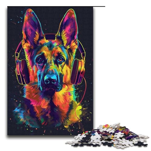 Puzzle für Erwachsene 1000 Teile Deutscher Schäferhund DJ Neon Puzzle Spiele Spielzeug Geschenk Geeignet für Schreibtischdekoration 1000 PCS (38x26cm) von ouynngjing