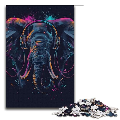 Puzzle für Erwachsene 1000 Teile Elefant mit Kopfhörern Puzzlespiele Spielzeug Geschenk geeignet für die Schreibtischdekoration 1000 Teile (38 x 26 cm) von ouynngjing