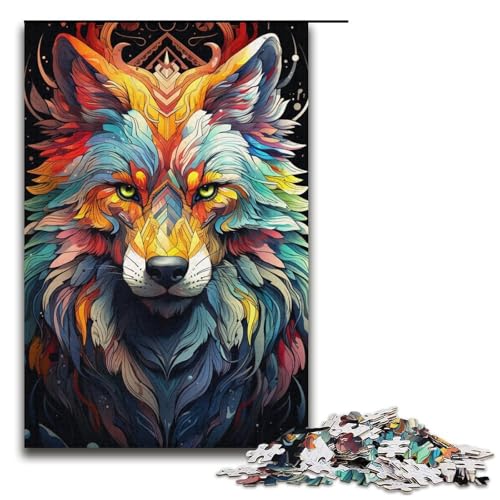 Puzzle für Erwachsene 1000 Teile Farbkunst Wolfsfamilie Holzpuzzle Lernspiel Herausforderungsspielzeug 1000 Teile (38 x 26 cm) von ouynngjing