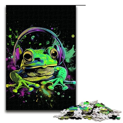 Puzzle für Erwachsene 1000 Teile Frosch mit Kopfhörern Holzpuzzle Lernspiel Herausforderungsspielzeug 1000 Teile (75 x 50 cm) von ouynngjing