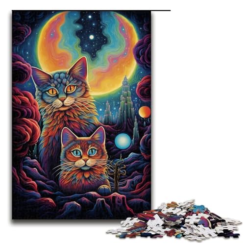 Puzzle für Erwachsene 1000 Teile Leuchtend Bunte Katzen auf dem Planeten Puzzlespiel Spielzeug lustig 1000 Teile (75 x 50 cm) von ouynngjing